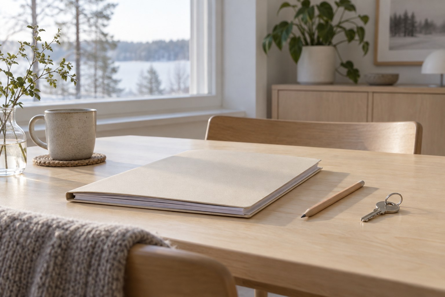 Asiakirjakansio ja avaimet vaalealla pöydällä