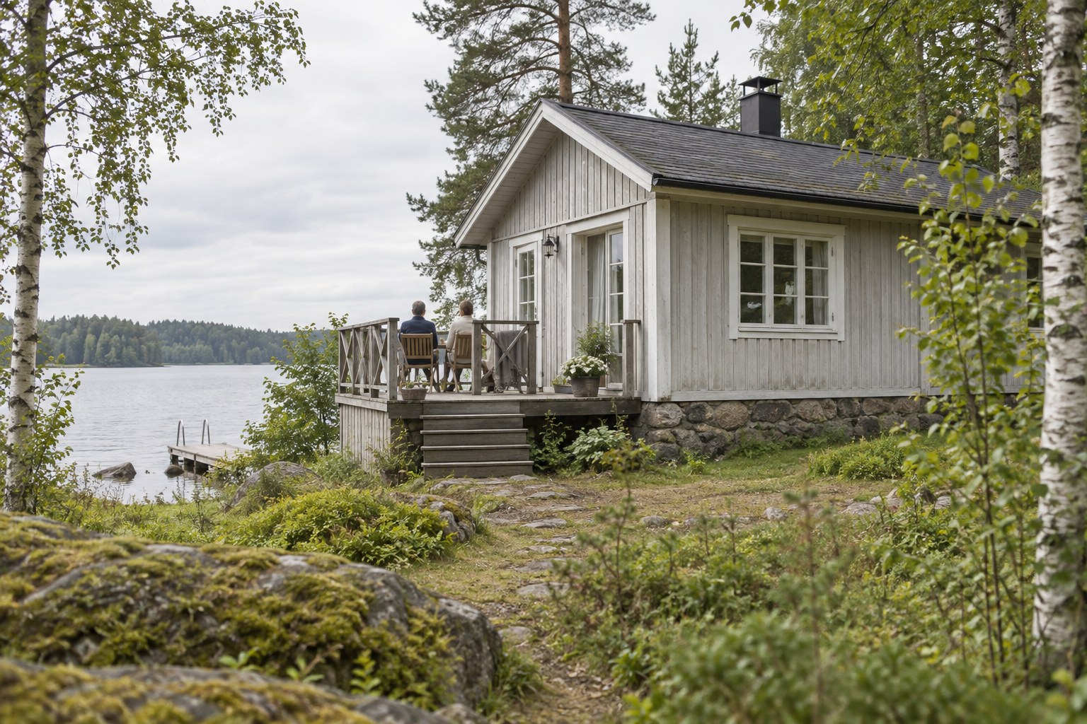Puinen mökki järven rannalla