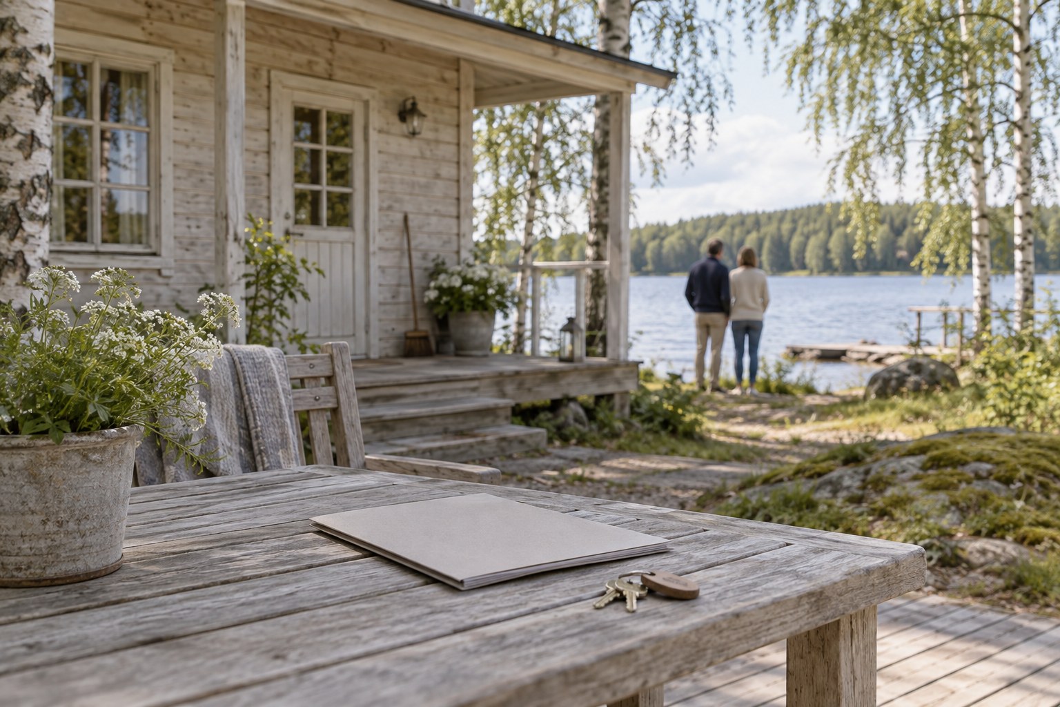 Mökin avaimet ja asiakirjat kuistin pöydällä