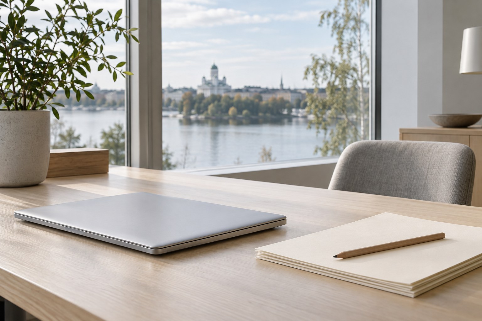 Suljettu kannettava tietokone ja paperit ikkunan vieressä