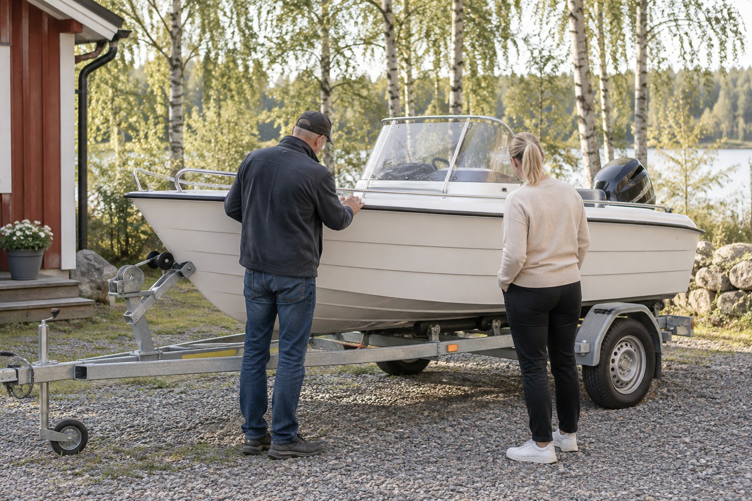 Kaksi henkilöä tarkastelee trailerilla olevaa venettä