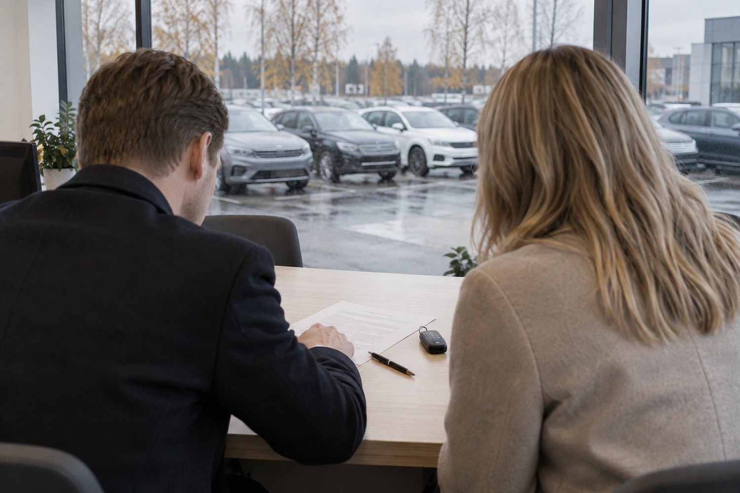 Kaksi henkilöä käy autoliikkeen pöydän ääressä läpi rahoitussopimusta, pöydällä auton avain