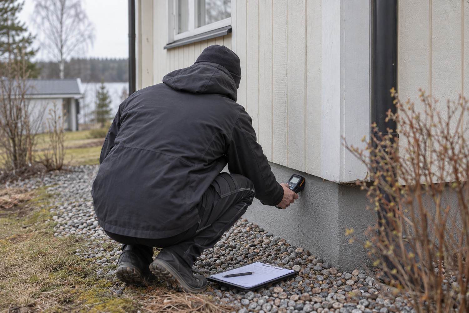 Tarkastaja mittaa kosteusmittarilla omakotitalon sokkelia selkä kameraan päin