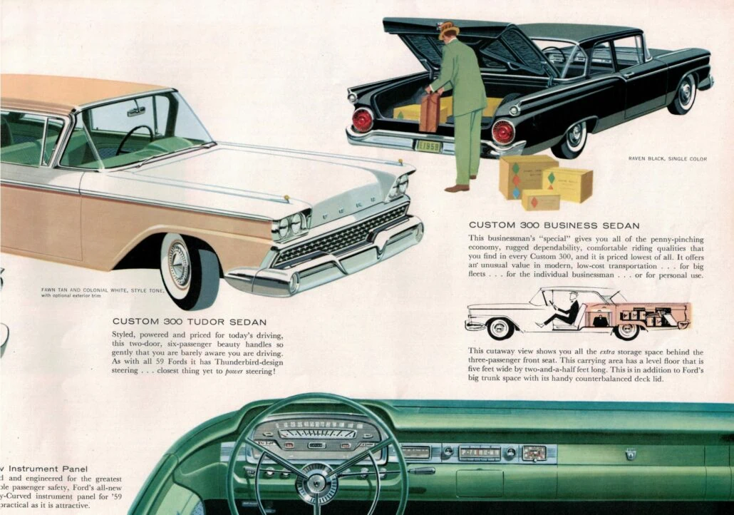 Kuvitus 1950-luvun autoesitteestä: mies lastaa tavaraa auton takakonttiin