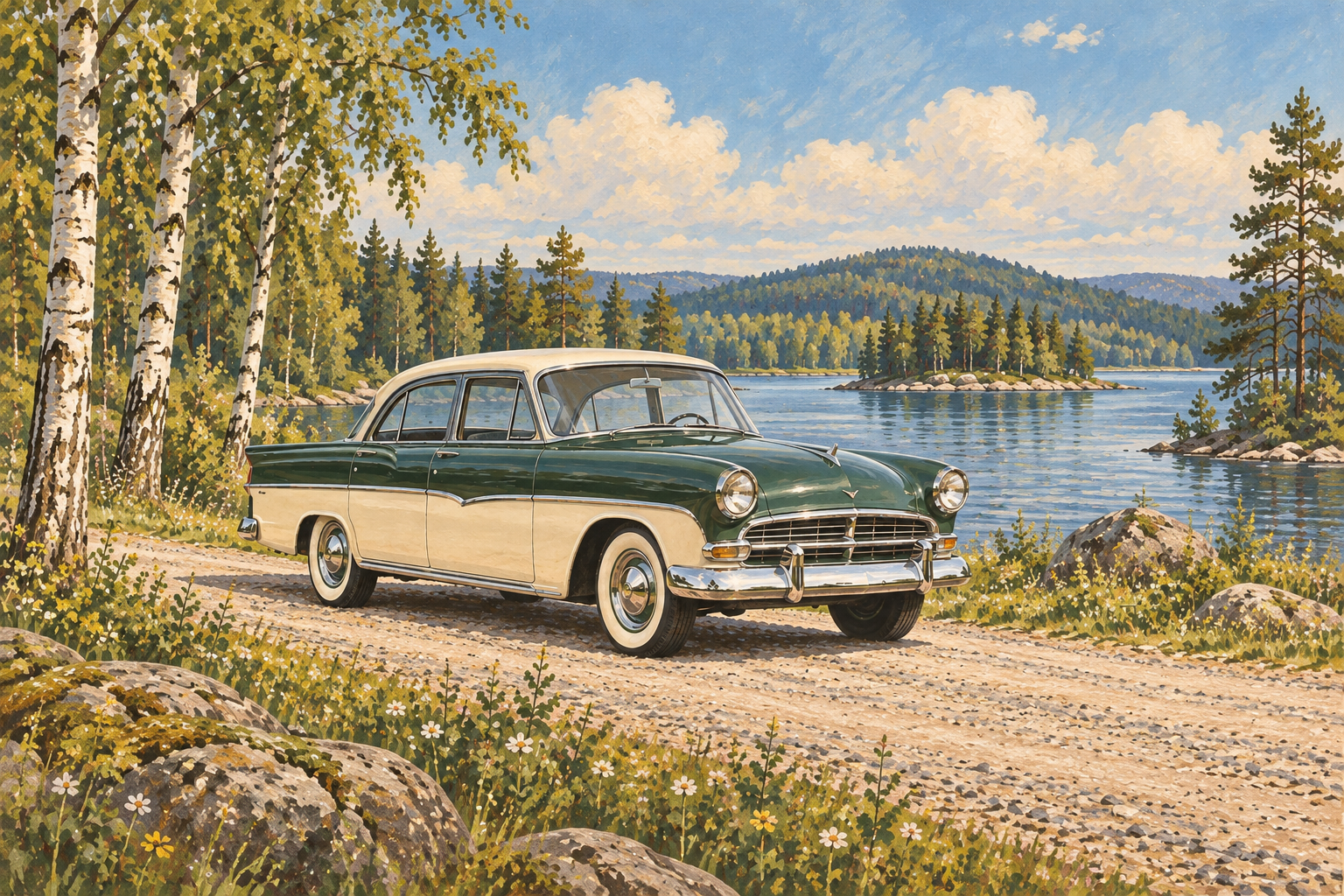 Vintage-tyylinen kuvitus: vihreä ja kermanvalkoinen 1950-luvun auto järven rannalla