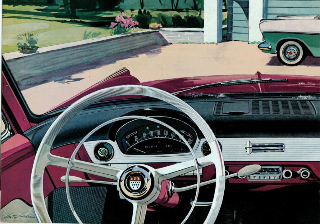 Kuvitus 1950-luvun autoesitteestä