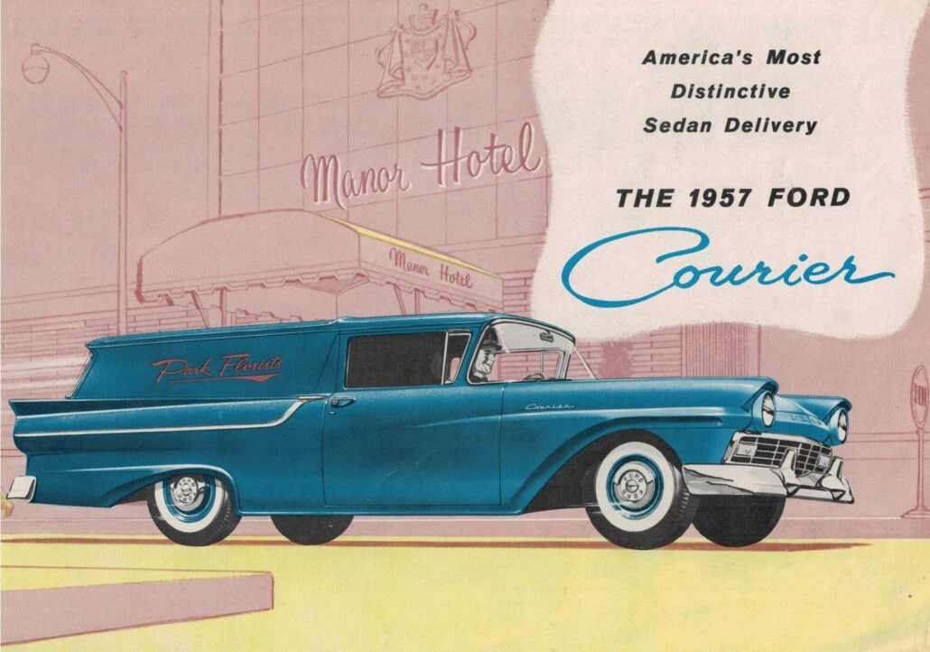 1950-luvun autoesite: sininen Ford Courier -pakettiauto
