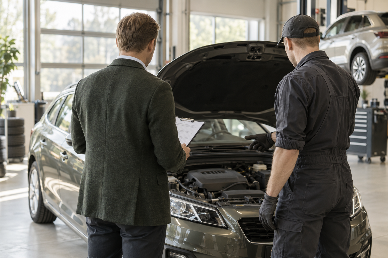 Autoliikkeen edustaja ja korjaaja tutkivat autoa korjaamossa