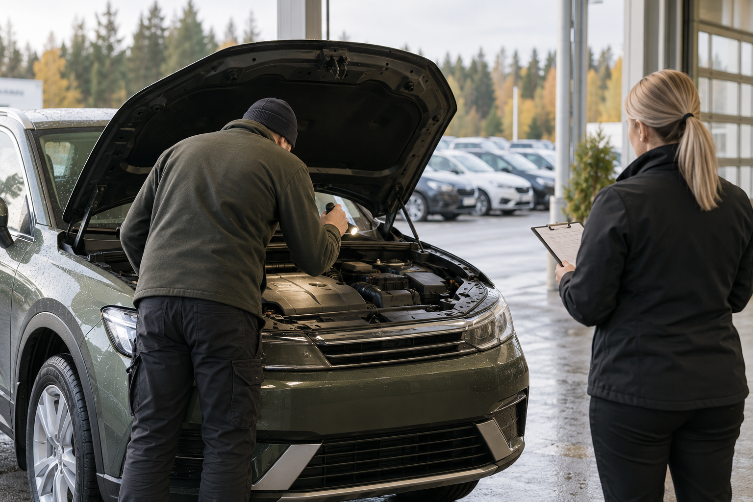 Autoliikkeen ostaja tarkastaa vaihdossa vastaanotettavaa autoa