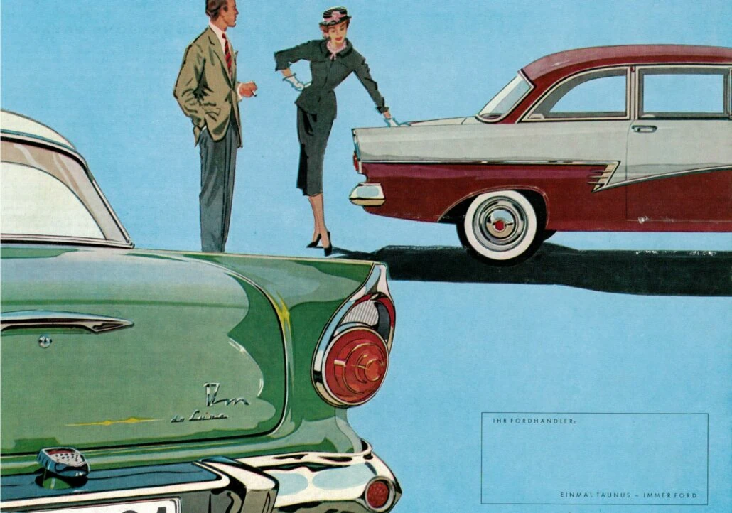 Kuvitus 1950-luvun autoesitteestä: pariskunta katselee autoja