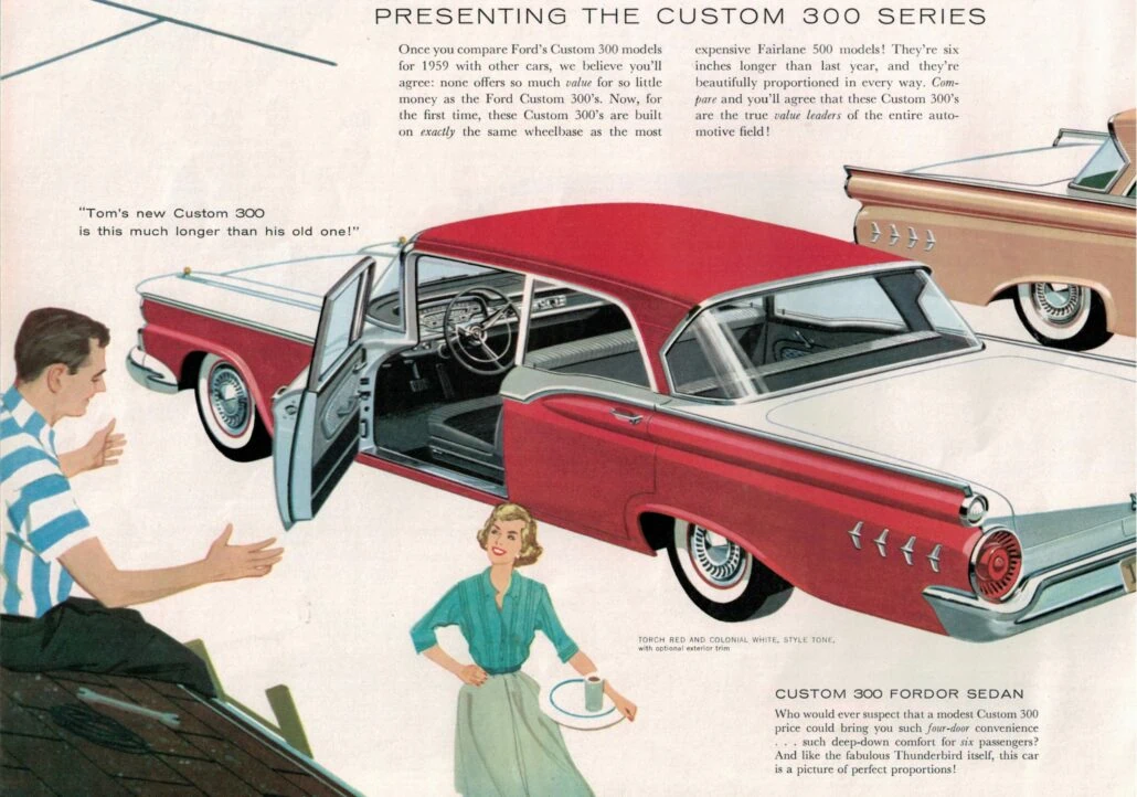 Kuvitus 1950-luvun autoesitteestä: punavalkoinen auto ovet avoinna