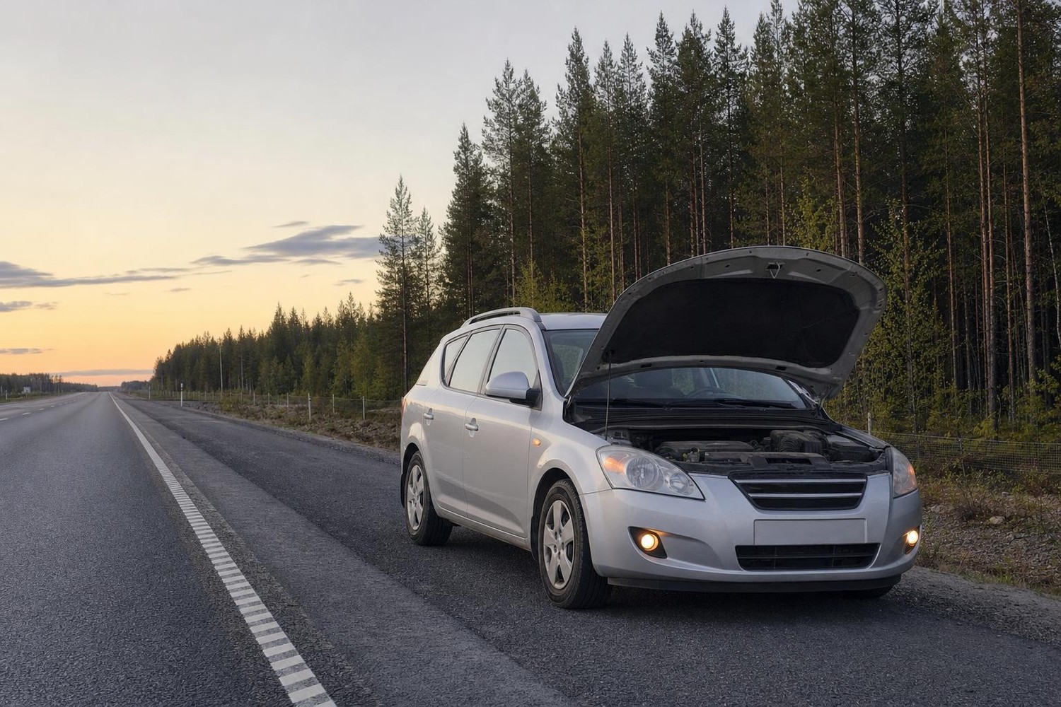 Hopeanvärinen käytetty farmariauto pysähtyneenä moottoritien pientareelle konepelti auki iltahämärässä