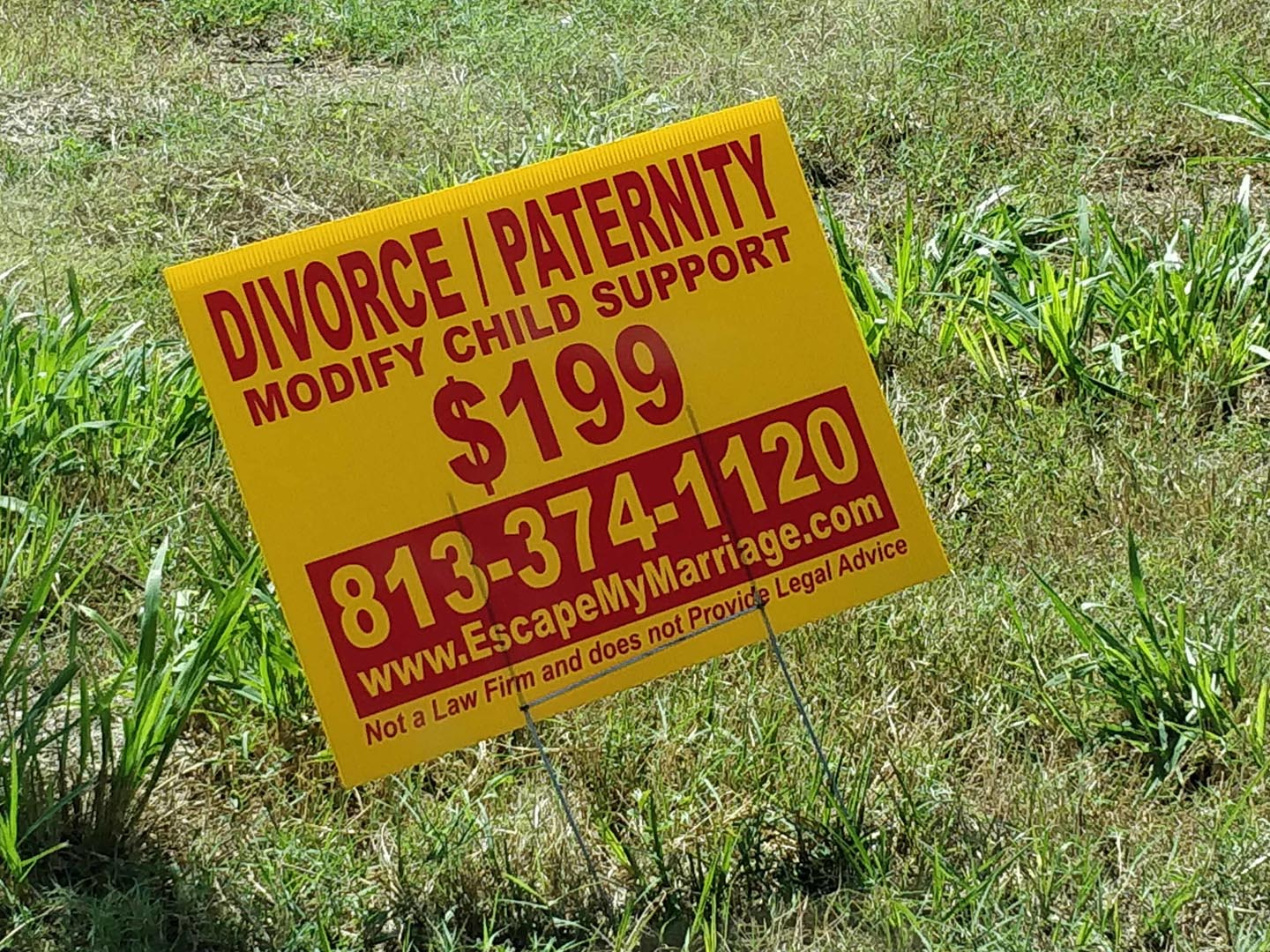 Yhdysvaltalainen tienvarsikyltti: Divorce / Paternity $199