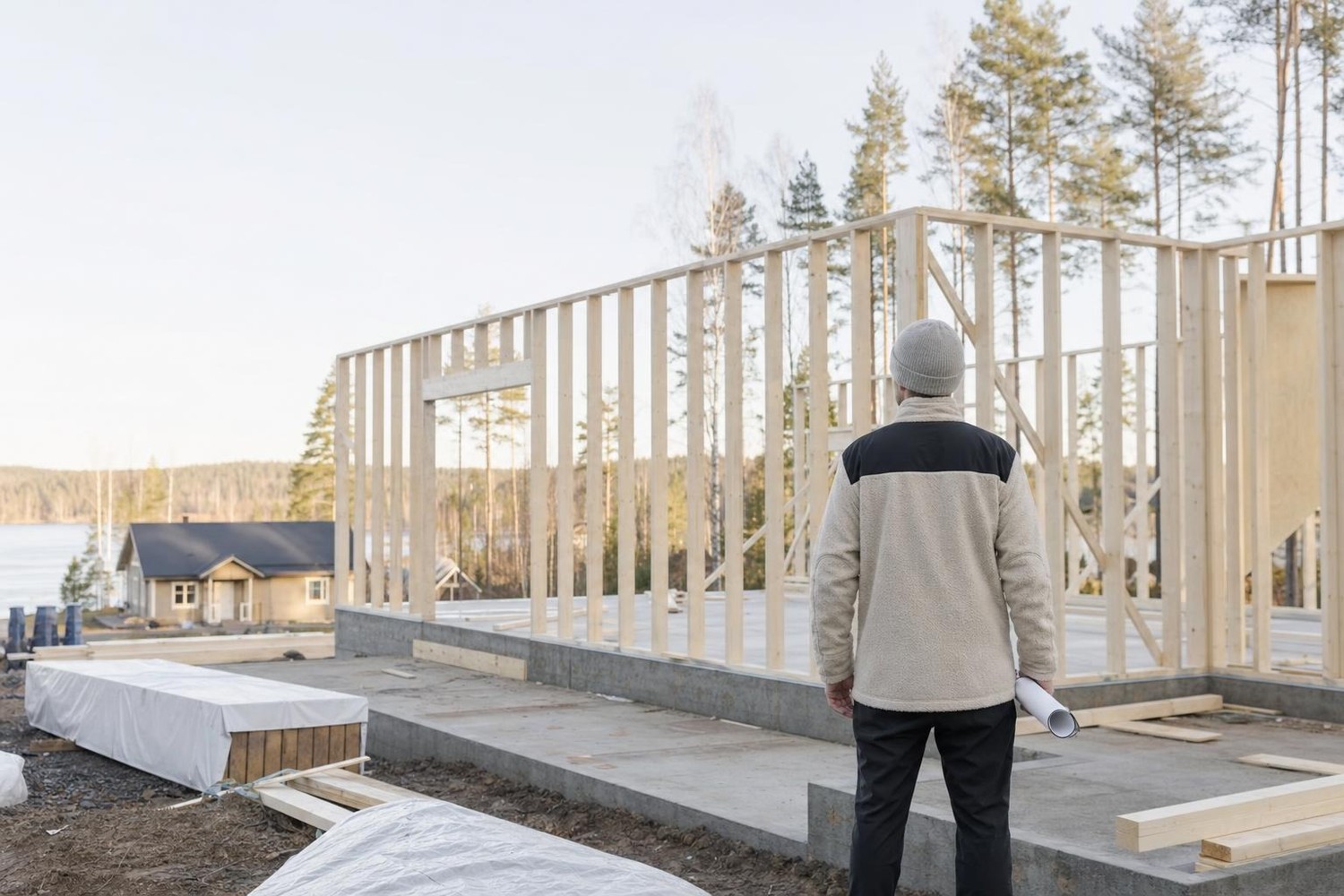 Rakennushankkeeseen ryhtyvä katsoo selin talon runkoa, piirustusrulla kädessä