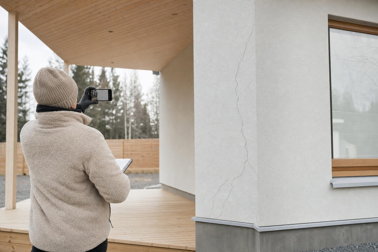 Henkilö kuvaa puhelimella uuden talon halkeillutta nurkkaa, muistikirja toisessa kädessä