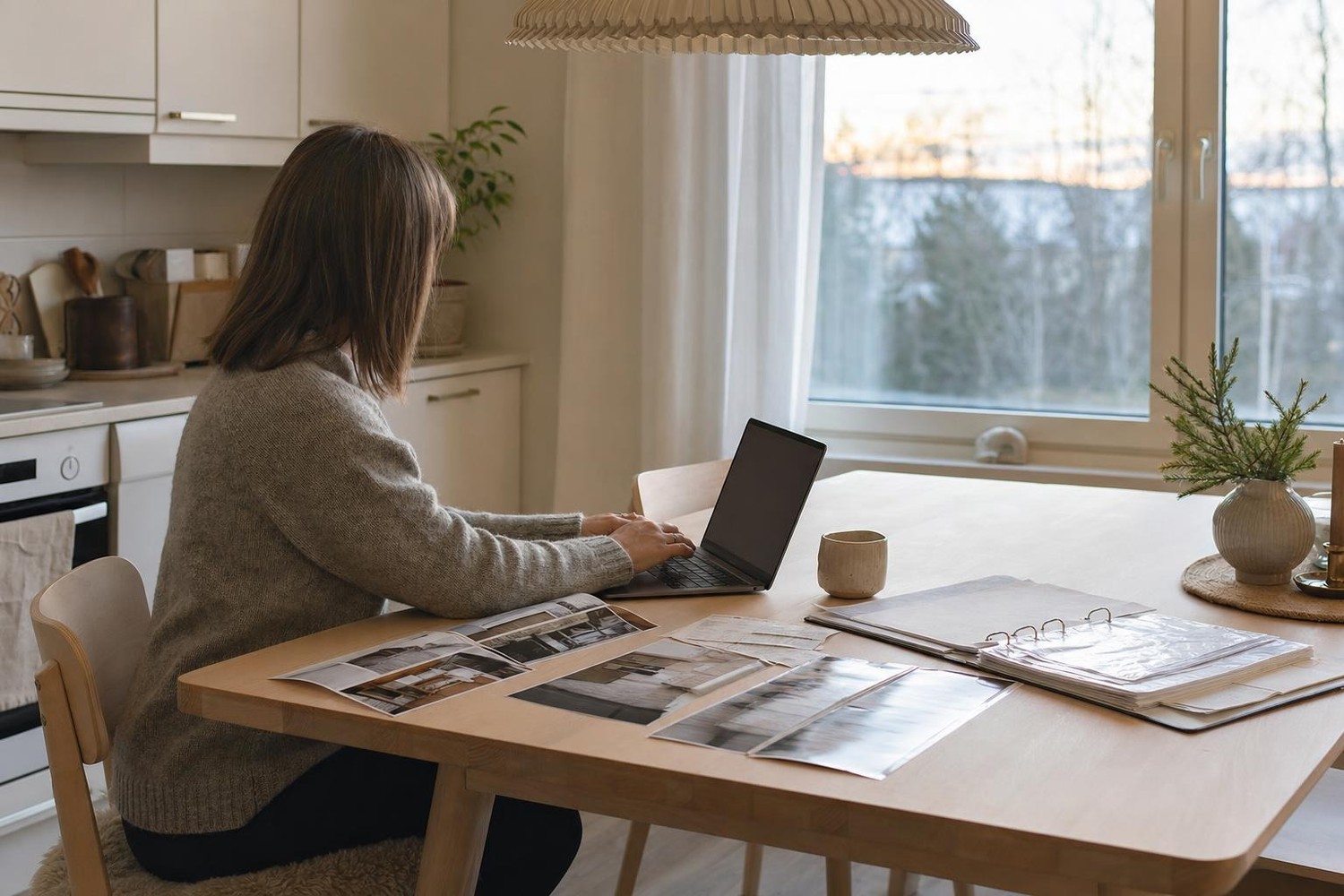 Henkilö kirjoittaa reklamaatiota tietokoneella, pöydällä kuvia remontin virheistä