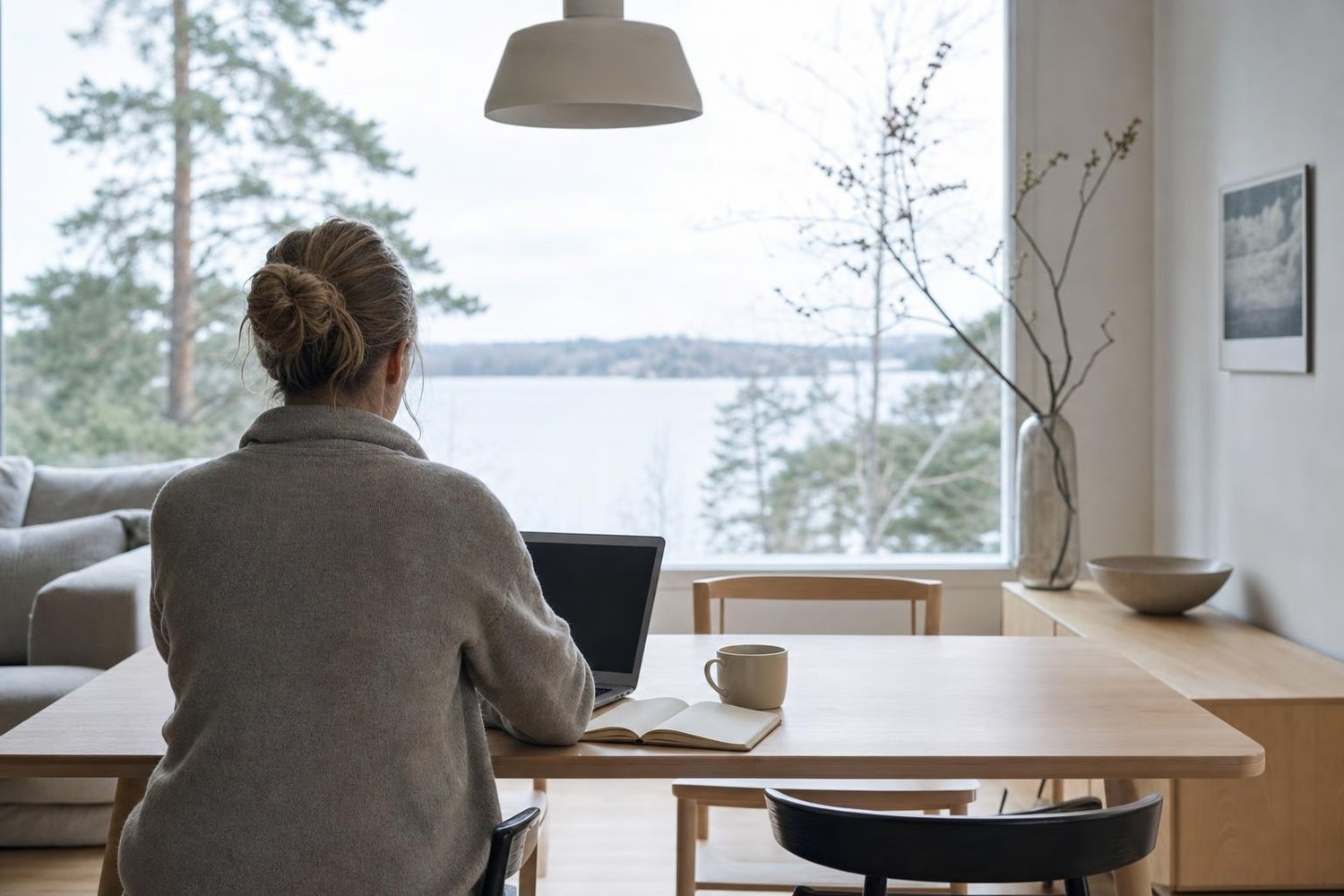 Henkilö lukee ohjeita kannettavalta tietokoneelta kotona