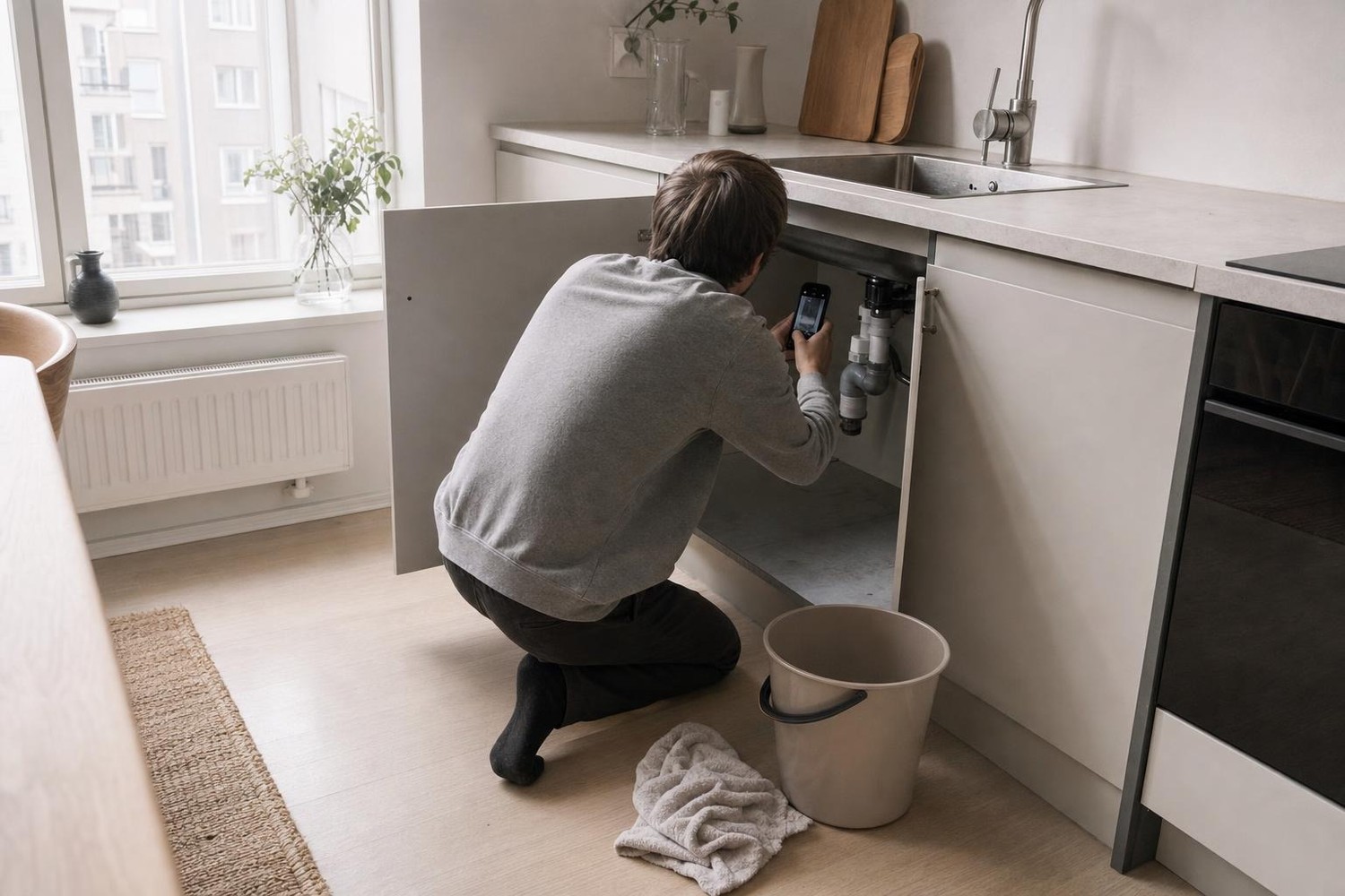 Henkilö kuvaa puhelimella vuotavaa viemäriliitosta keittiön allaskaapissa