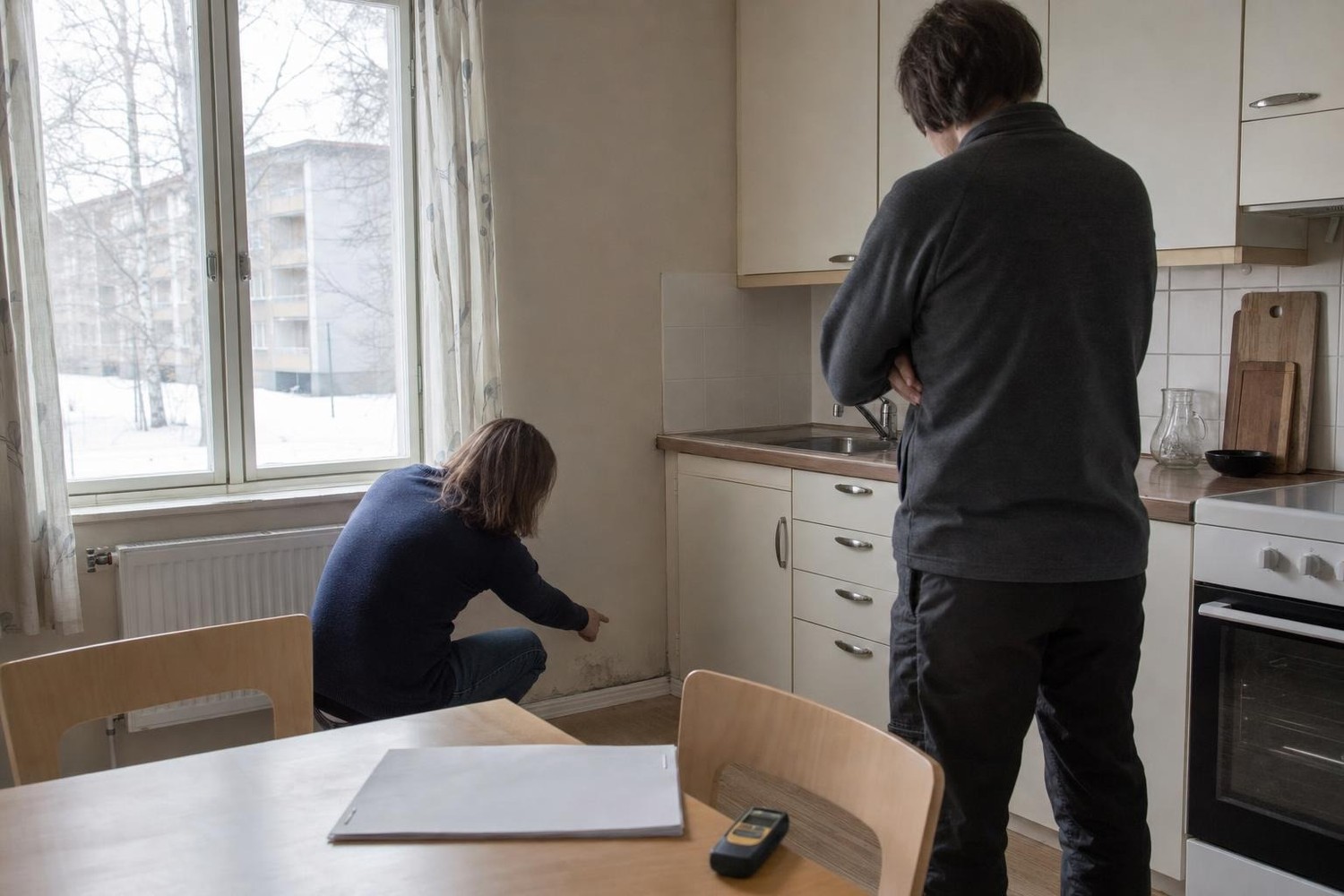 Kaksi henkilöä tutkii kerrostaloasunnon keittiön seinää, pöydällä kauppakirja ja kosteusmittari