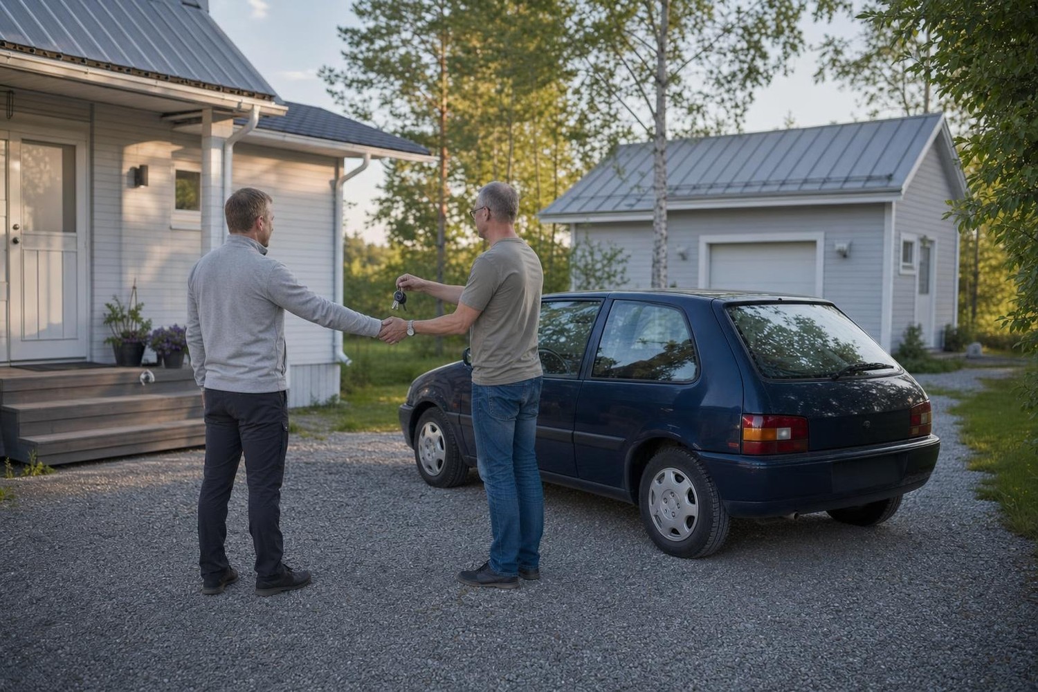 Kaksi henkilöä kättelee auton avaimet kädessä tummansinisen käytetyn auton vieressä omakotitalon sorapihalla